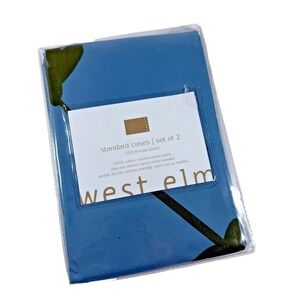 West Elm Set of 2 Standard Size Pillow Cases Blue Green Cotton 250 Thread Ct NWT